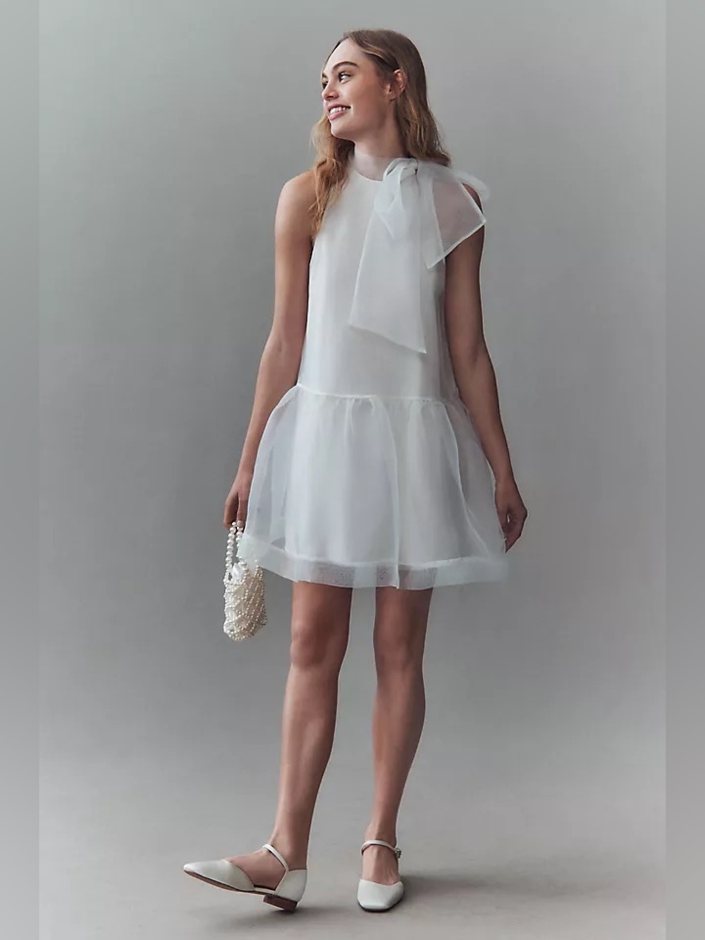 BHLDN White Sleeveless Mini Dress with Neck Bow